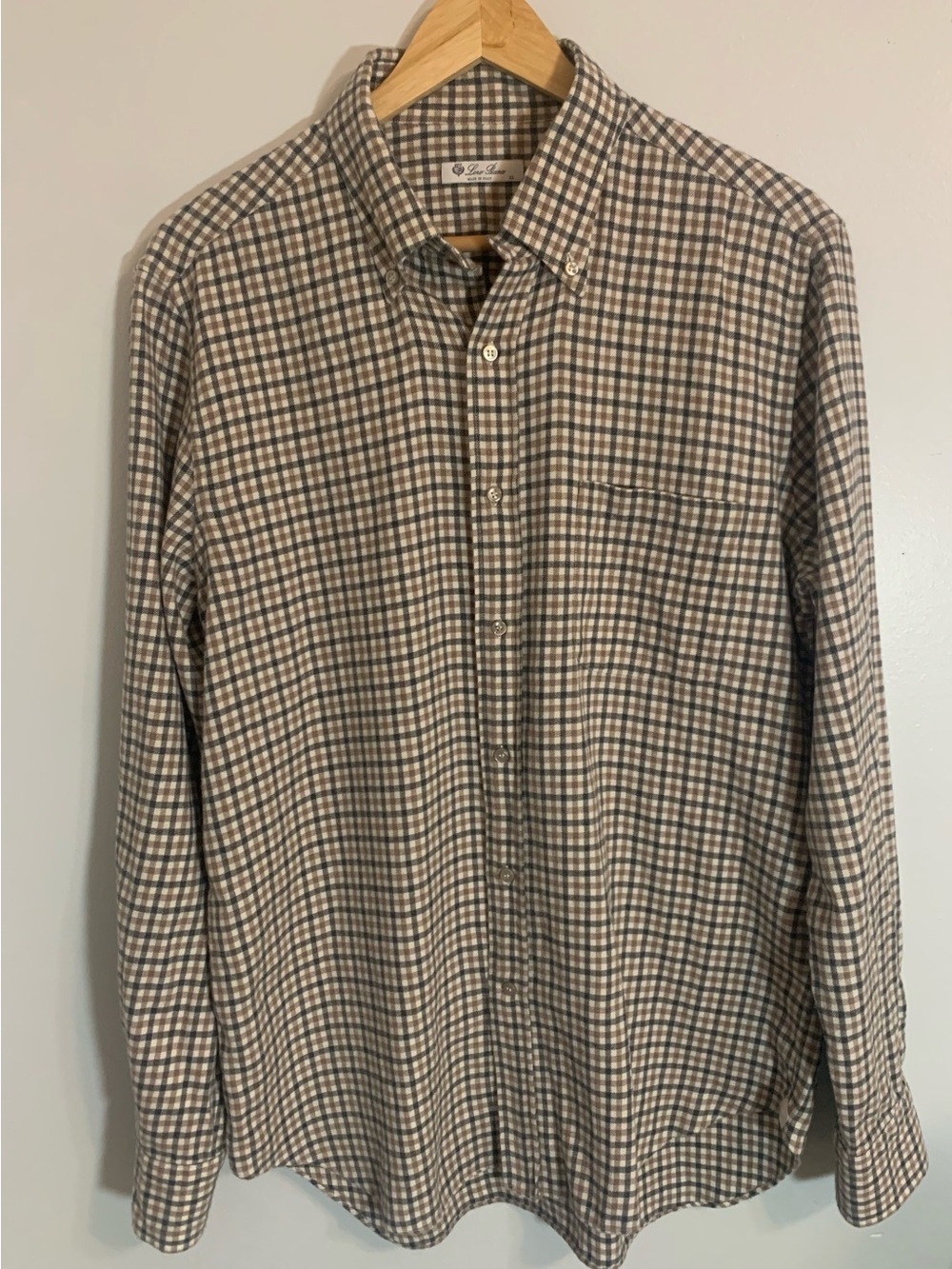 Loro Piana Brown and Cream Checked Button-Down Shirt Mens Size XL Logo Appliqué - Picture 6 of 8